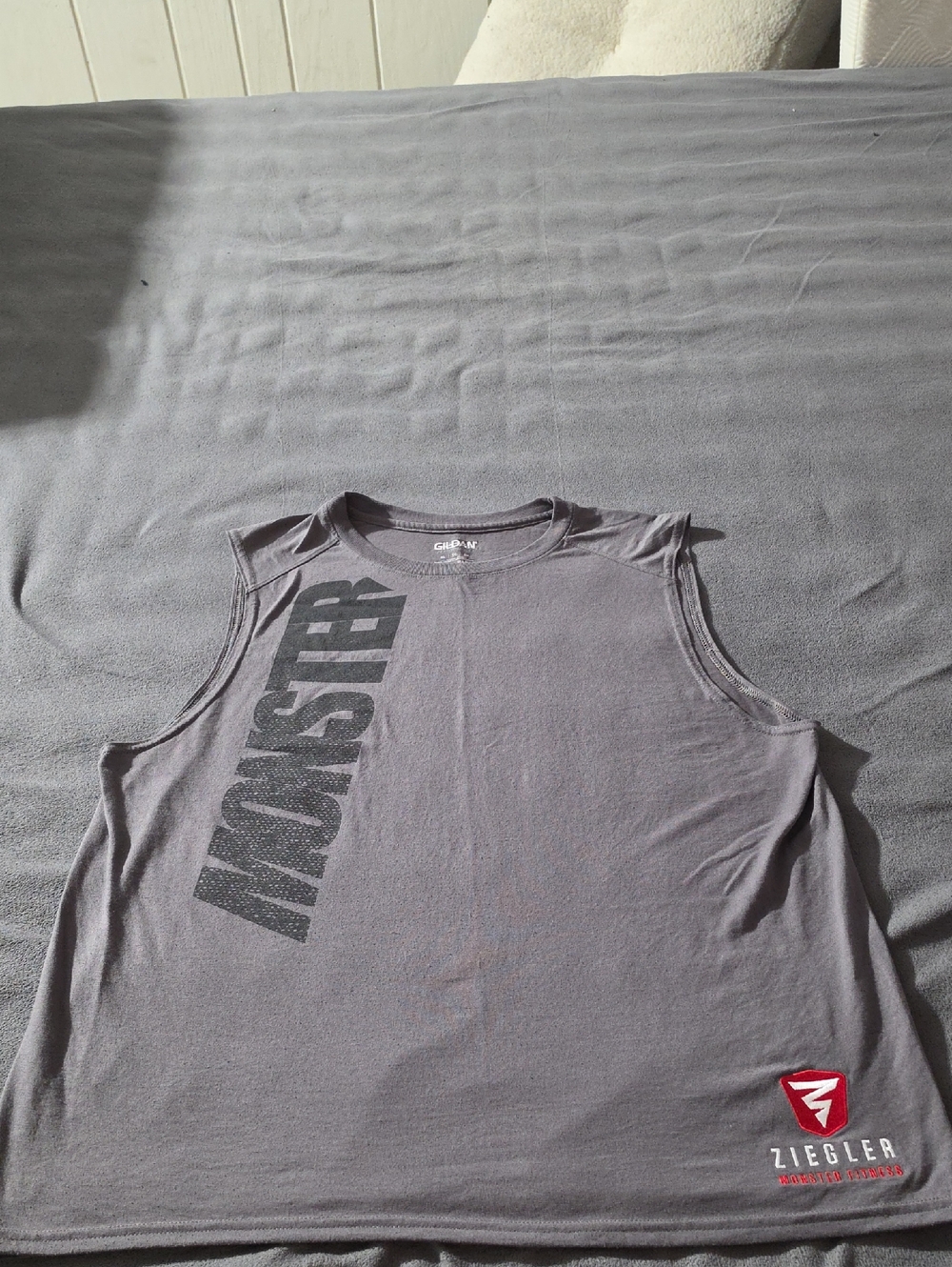 Gildan Gray Tank Top with Black 'MONSTER' Graphic and Red Ziegler Logo
